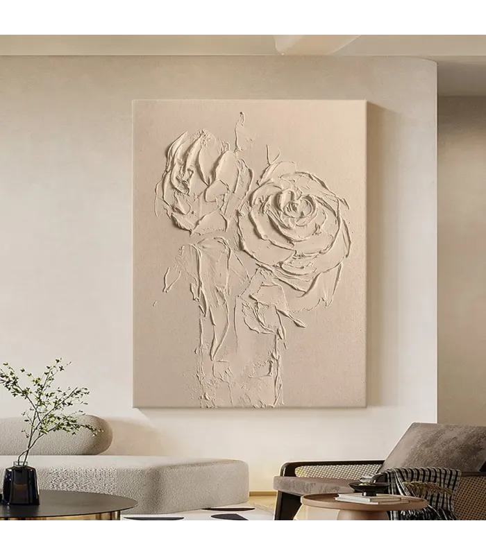 Sculptural Beige Roses Textured Canvas