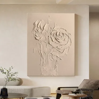 Sculptural Beige Roses Textured Canvas