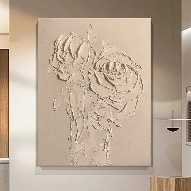 Sculptural Beige Roses Textured Canvas
