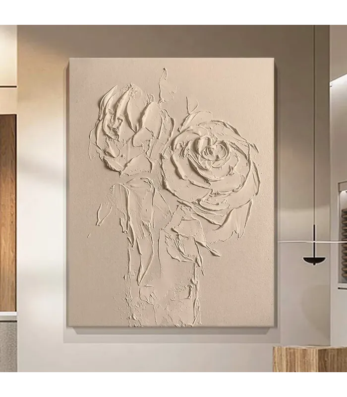 Sculptural Beige Roses Textured Canvas