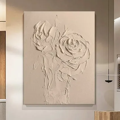 Sculptural Beige Roses Textured Canvas