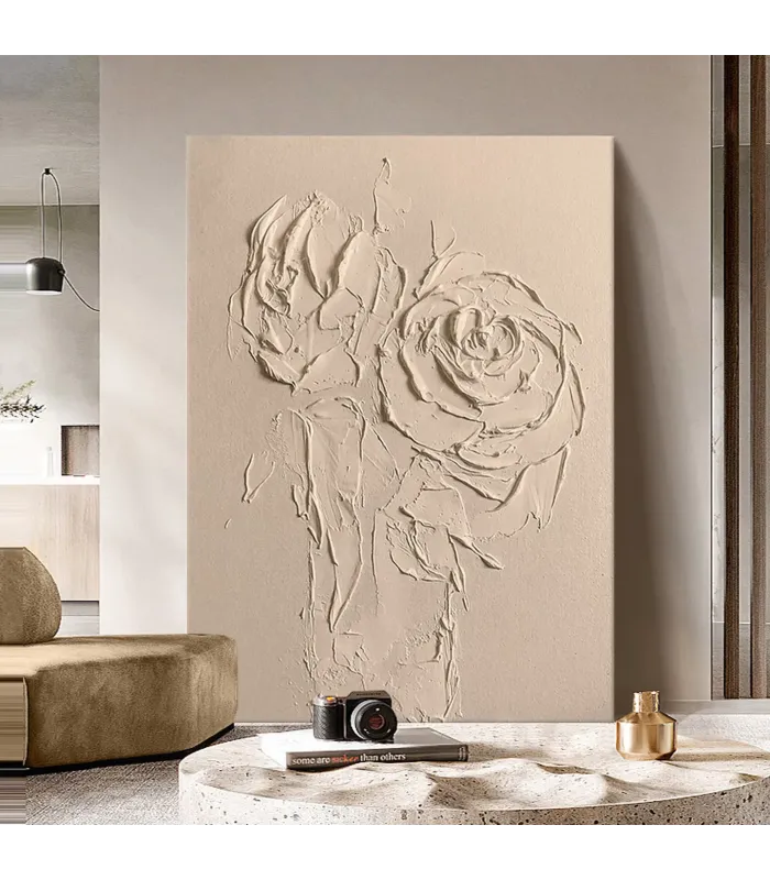 Sculptural Beige Roses Textured Canvas