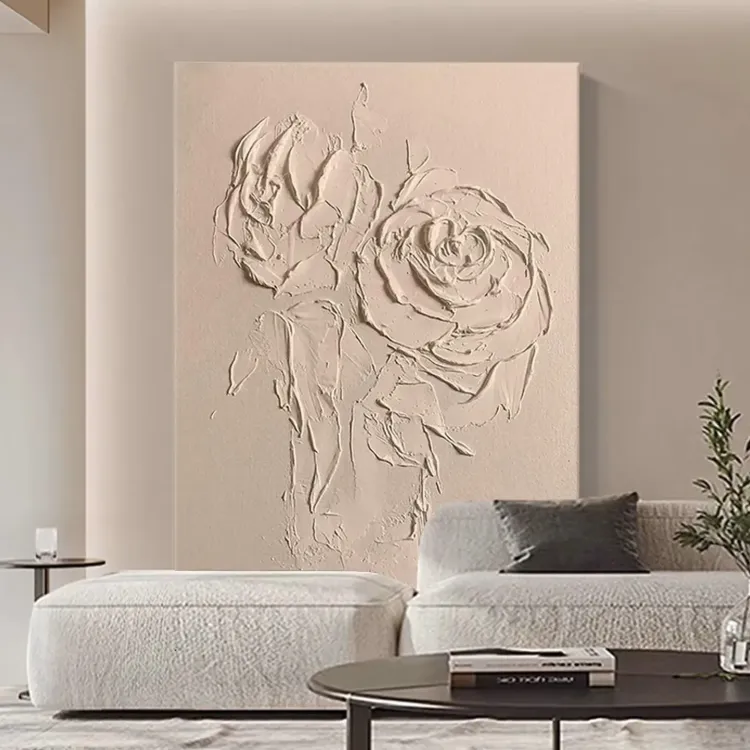 Sculptural Beige Roses Textured Canvas