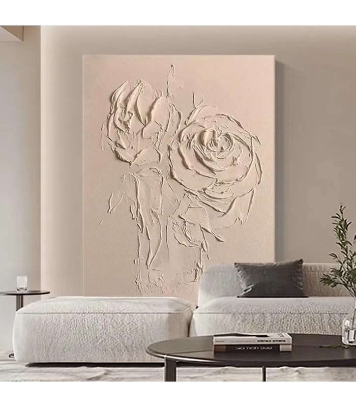 Sculptural Beige Roses Textured Canvas