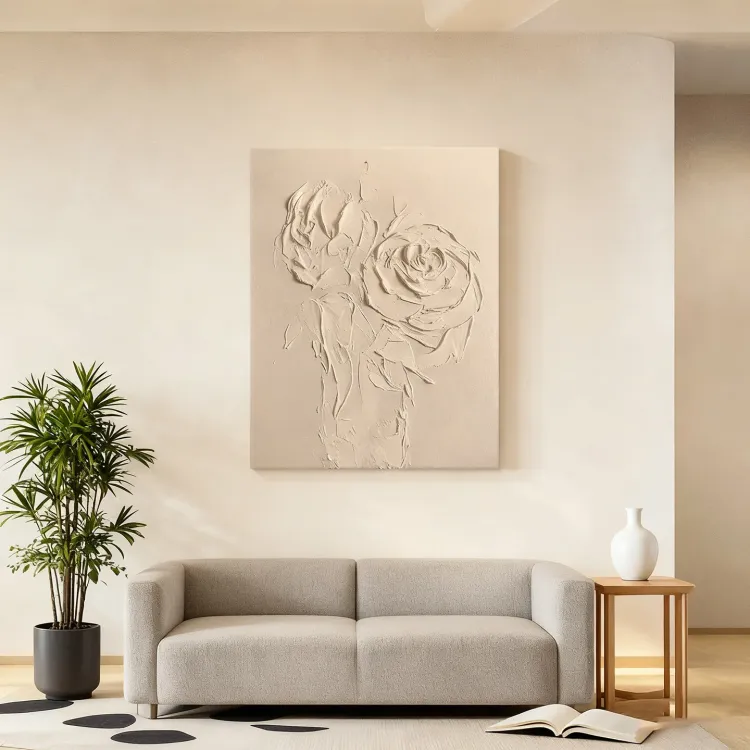 Sculptural Beige Roses Textured Canvas