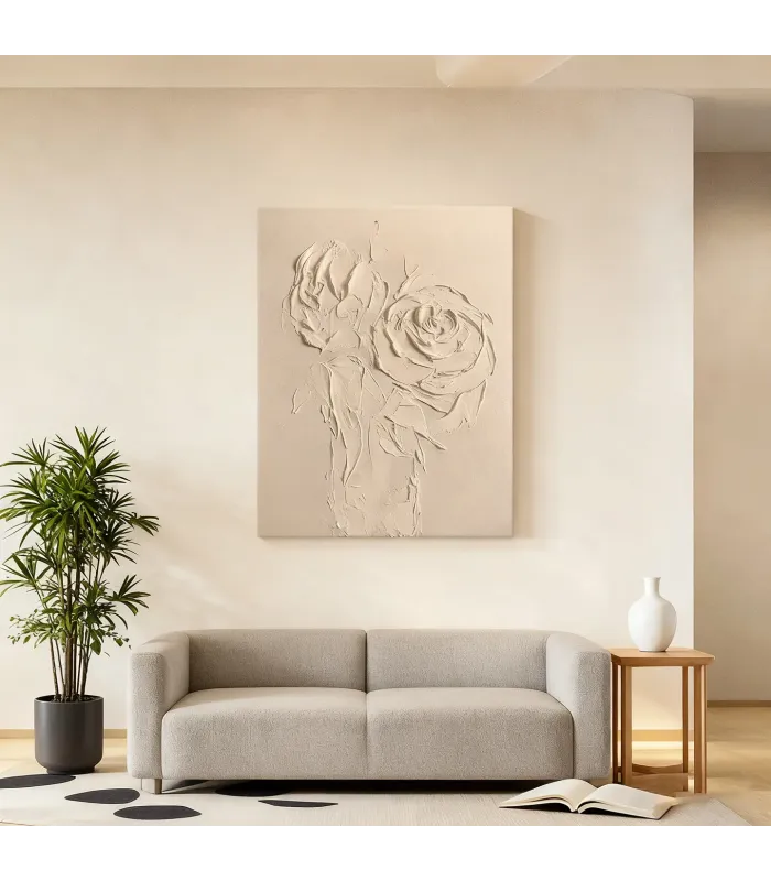 Sculptural Beige Roses Textured Canvas