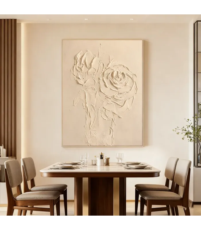 Sculptural Beige Roses Textured Canvas