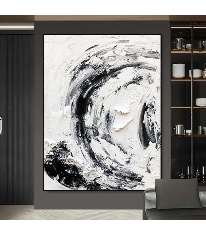 Swirling Black & White Textured Canvas Painting