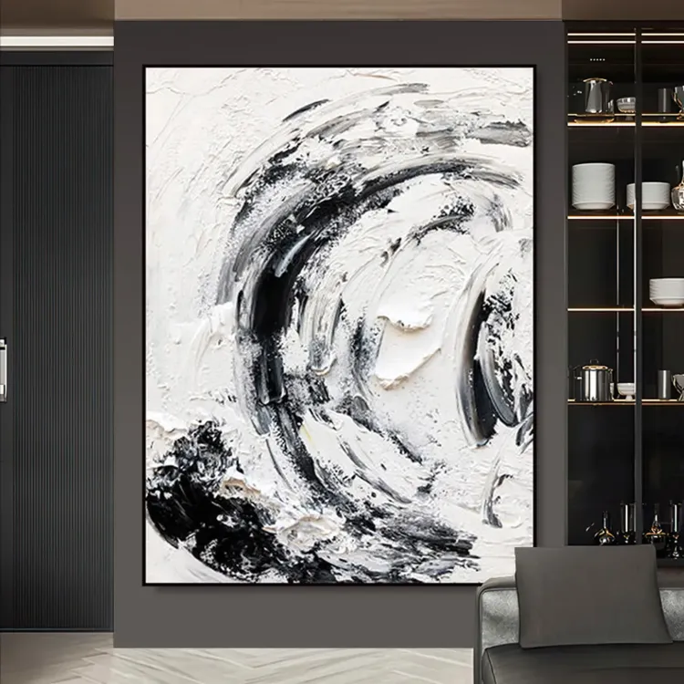 Swirling Black & White Textured Canvas Painting