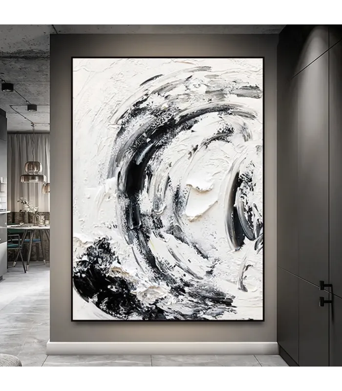 Swirling Black & White Textured Canvas Painting