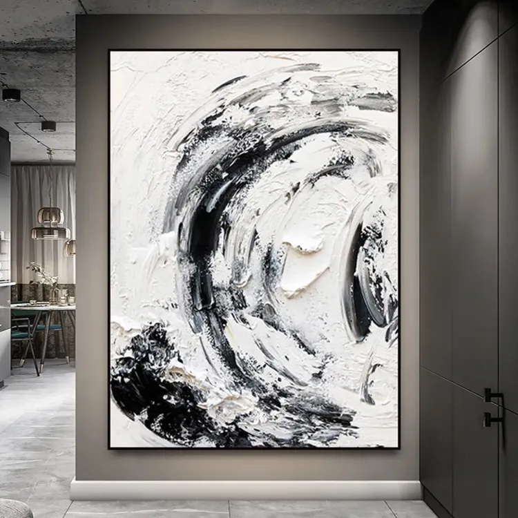 Swirling Black & White Textured Canvas Painting