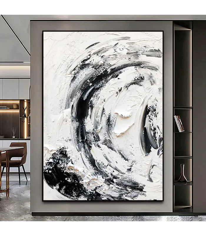 Swirling Black & White Textured Canvas Painting