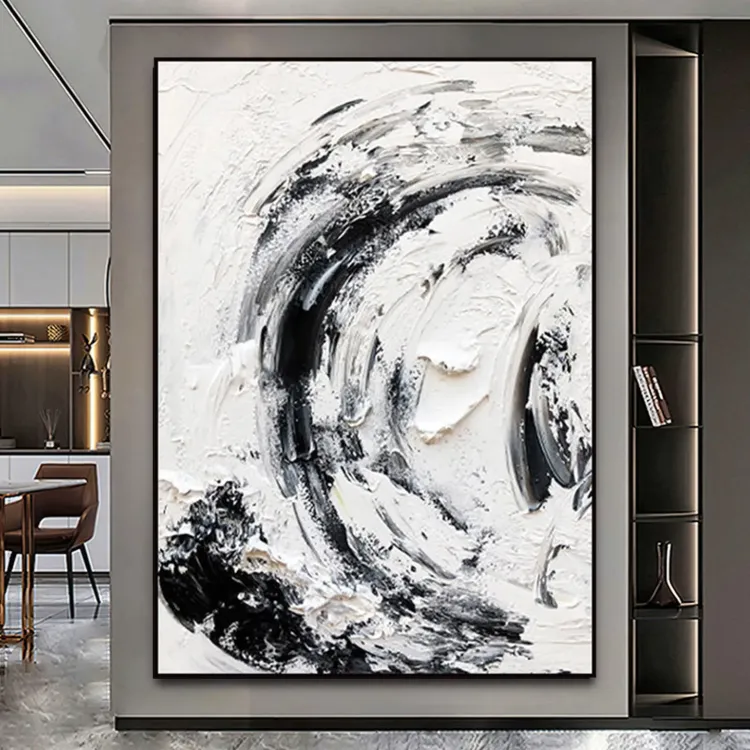 Swirling Black & White Textured Canvas Painting