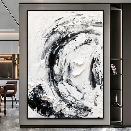 Swirling Black & White Textured Canvas Painting