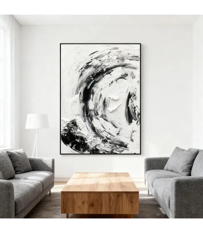 Swirling Black & White Textured Canvas Painting