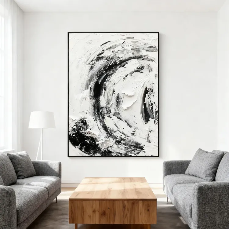 Swirling Black & White Textured Canvas Painting