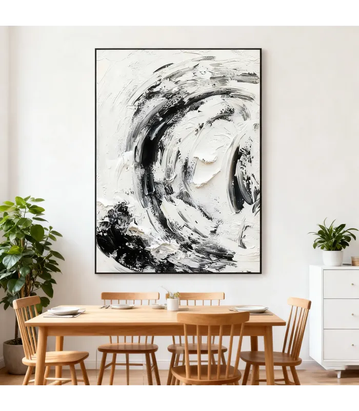 Swirling Black & White Textured Canvas Painting