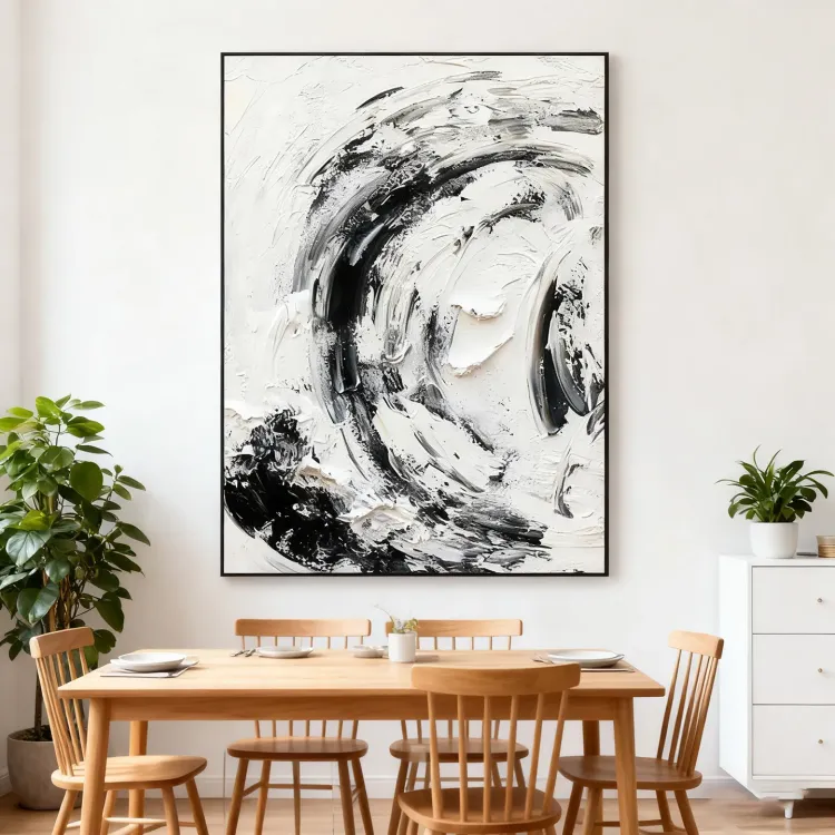 Swirling Black & White Textured Canvas Painting