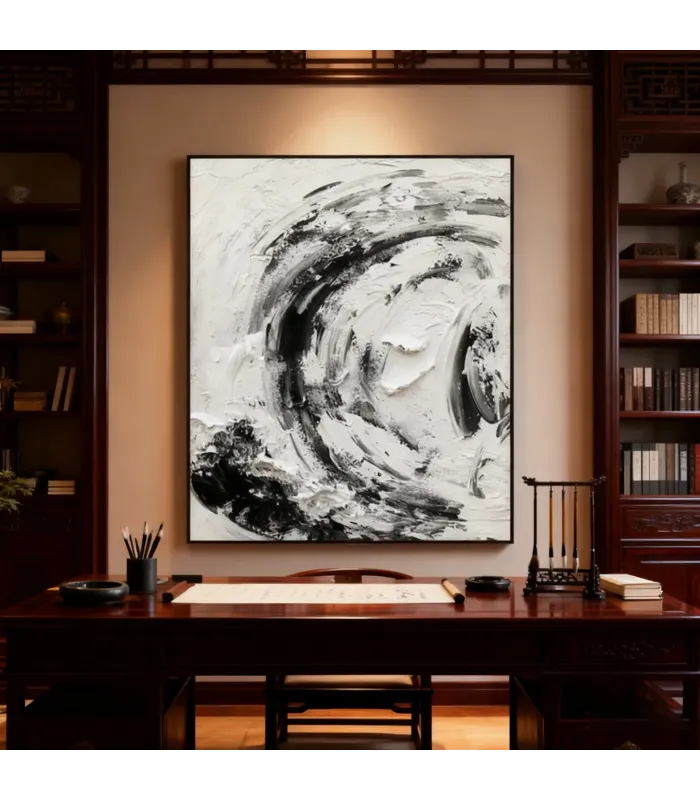Swirling Black & White Textured Canvas Painting