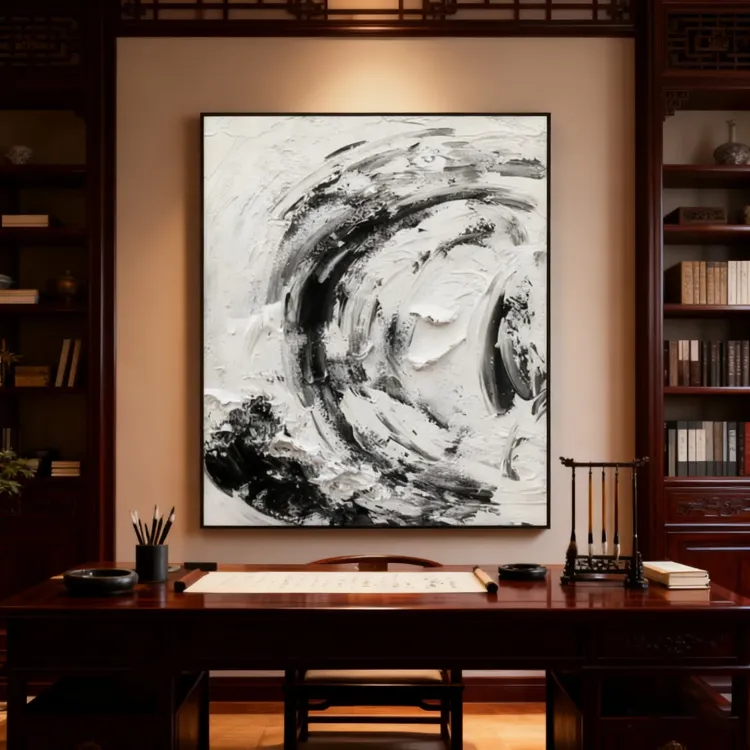 Swirling Black & White Textured Canvas Painting