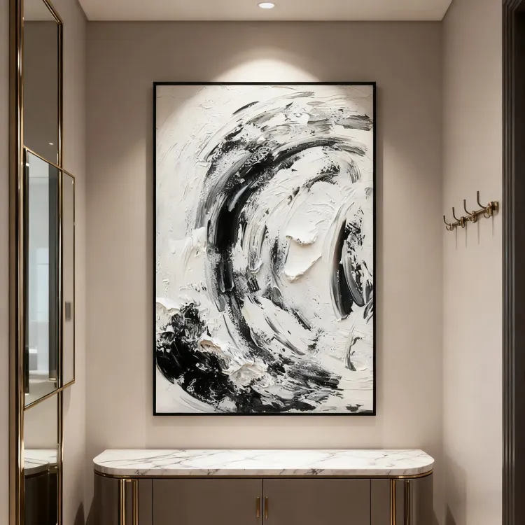 Swirling Black & White Textured Canvas Painting