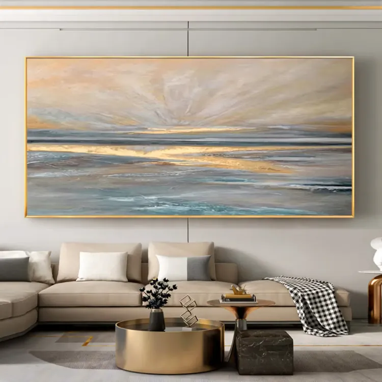 Golden Horizon Minimalist Seascape Canvas Painting