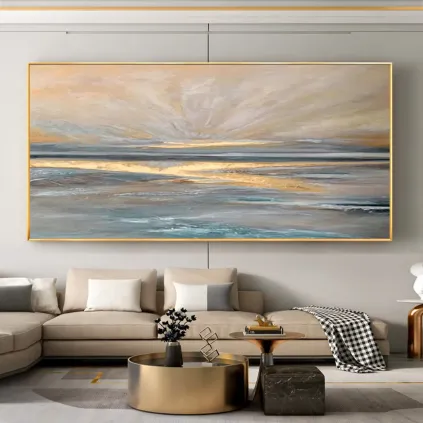 Golden Horizon Minimalist Seascape Canvas Painting