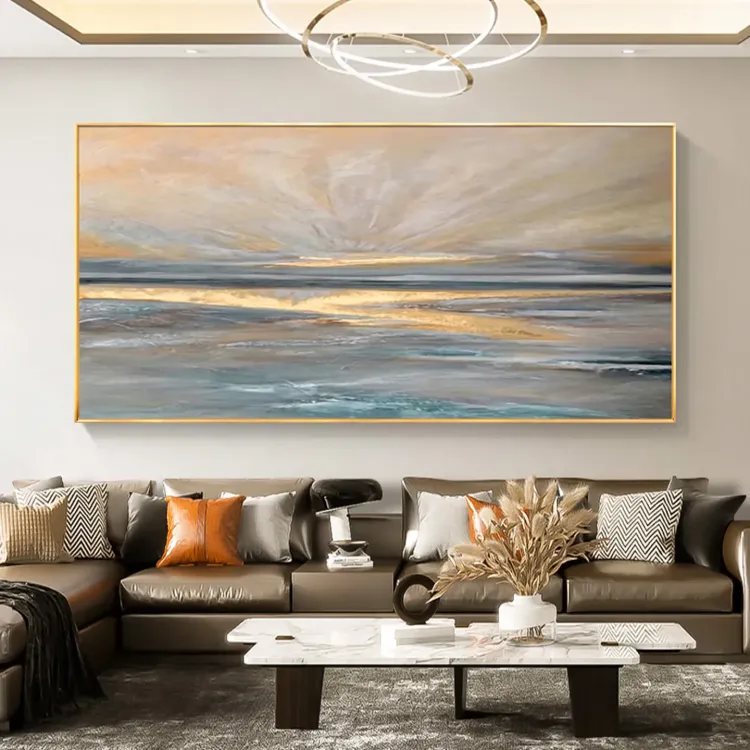 Golden Horizon Minimalist Seascape Canvas Painting