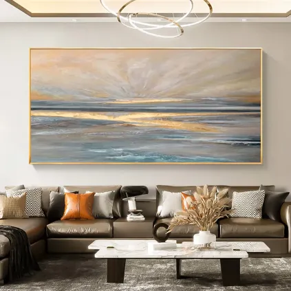 Golden Horizon Minimalist Seascape Canvas Painting
