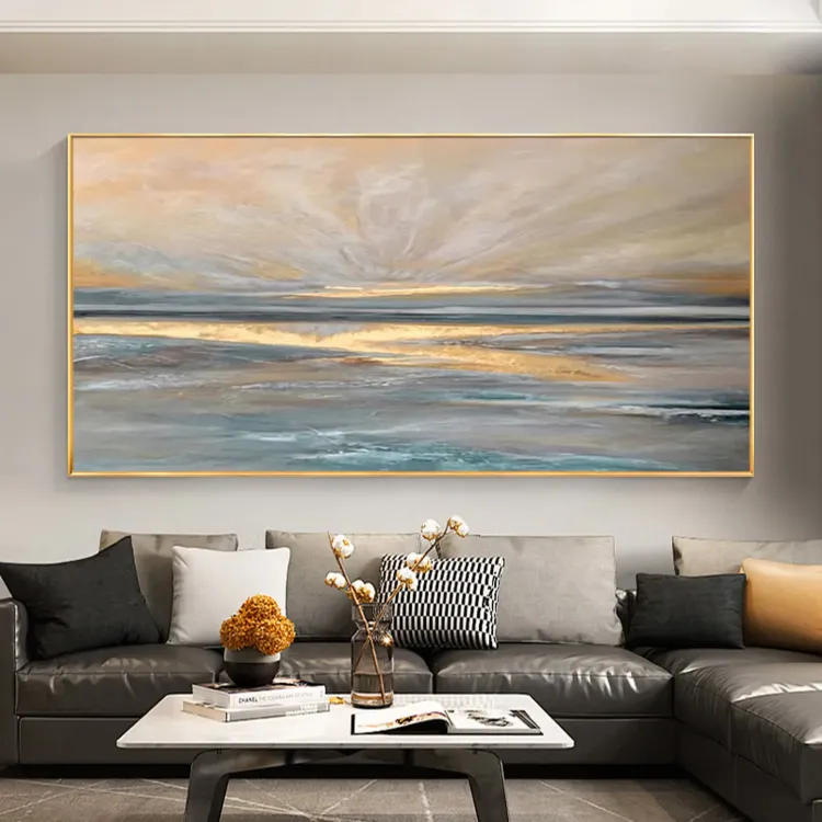 Golden Horizon Minimalist Seascape Canvas Painting