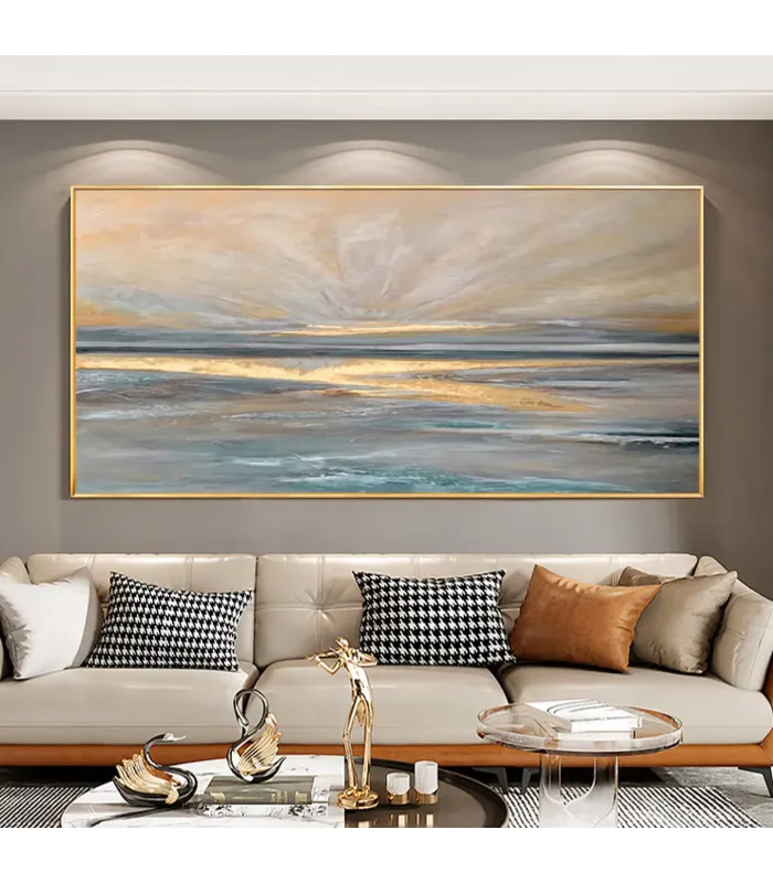 Golden Horizon Minimalist Seascape Canvas Painting
