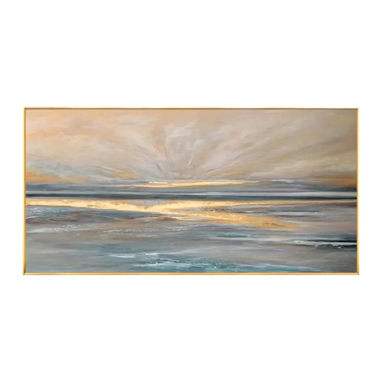 Golden Horizon Minimalist Seascape Canvas Painting