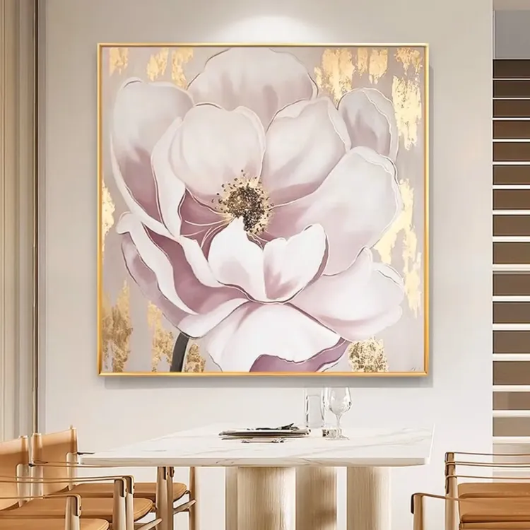 Pink Floral Oil Painting with Gold Foil