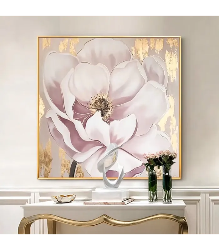 Pink Floral Oil Painting with Gold Foil