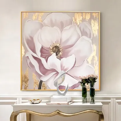 Pink Floral Oil Painting with Gold Foil