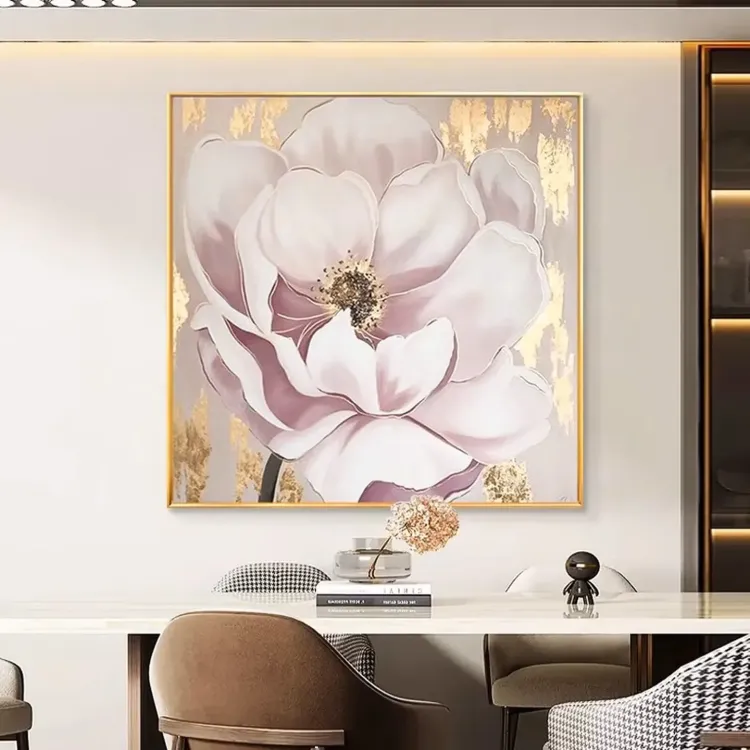 Pink Floral Oil Painting with Gold Foil