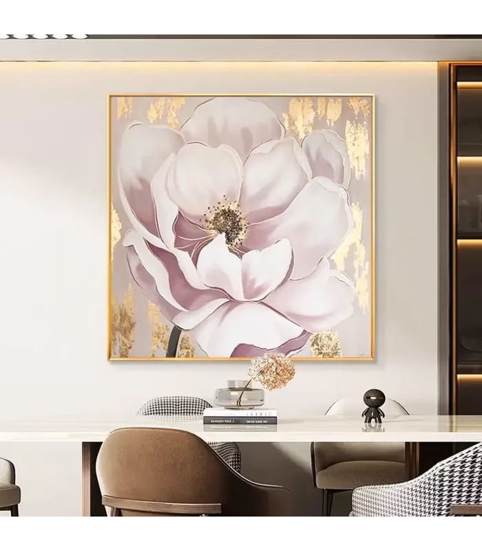 Pink Floral Oil Painting with Gold Foil